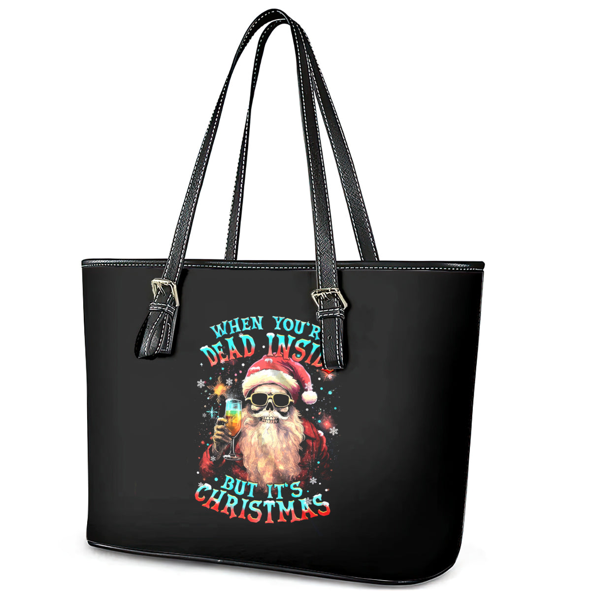 Skeleton Santa Claus Leather Tote Bag Whe You're Dead Inside But It's Christmas DT01