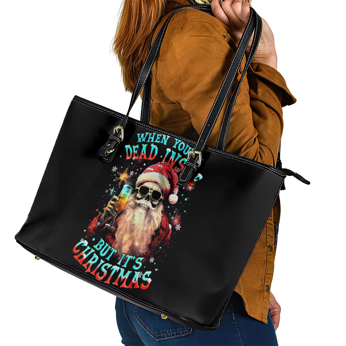 Skeleton Santa Claus Leather Tote Bag Whe You're Dead Inside But It's Christmas DT01