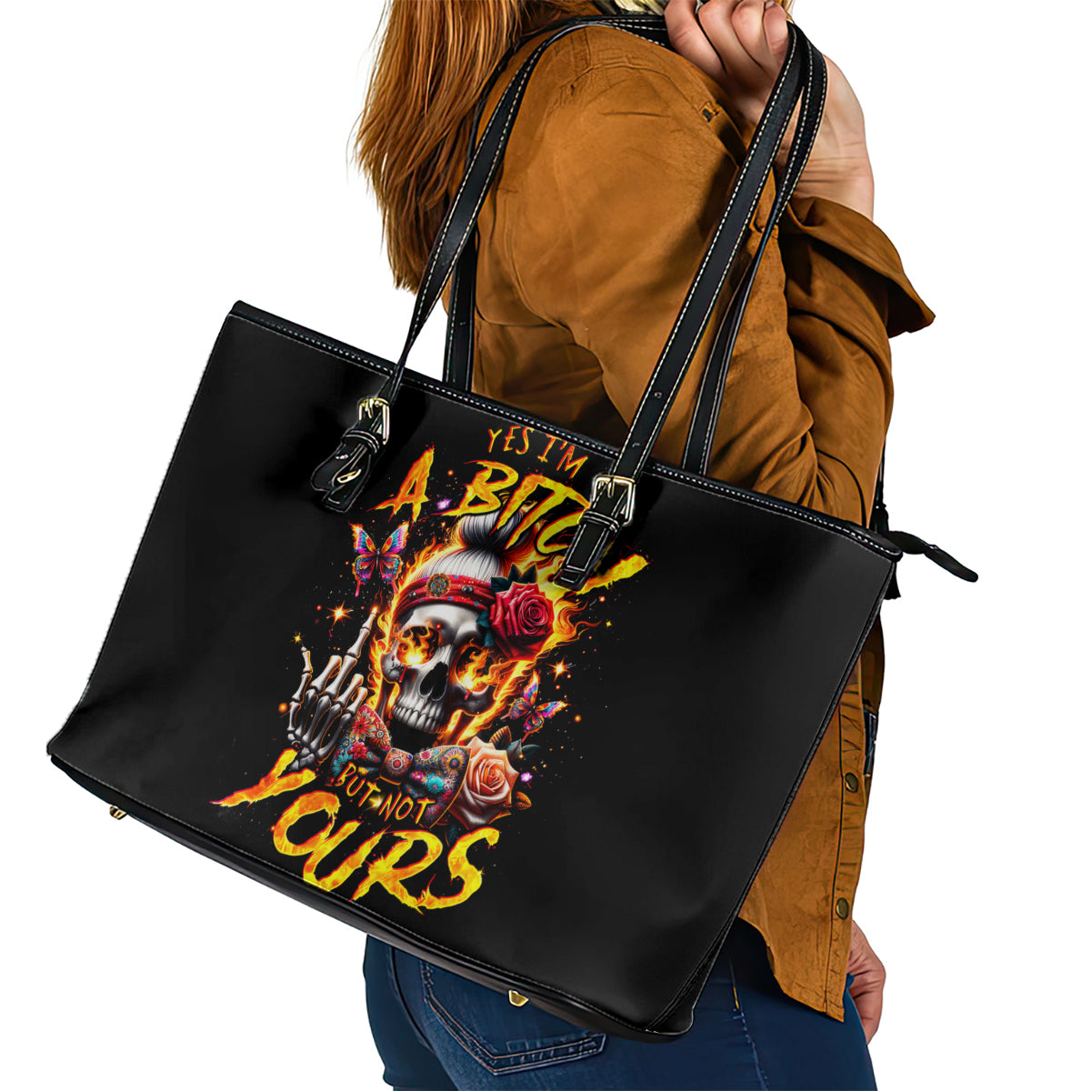 Lady Skull Leather Tote Bag Yes I'm A Bitch But Not Yours DT01