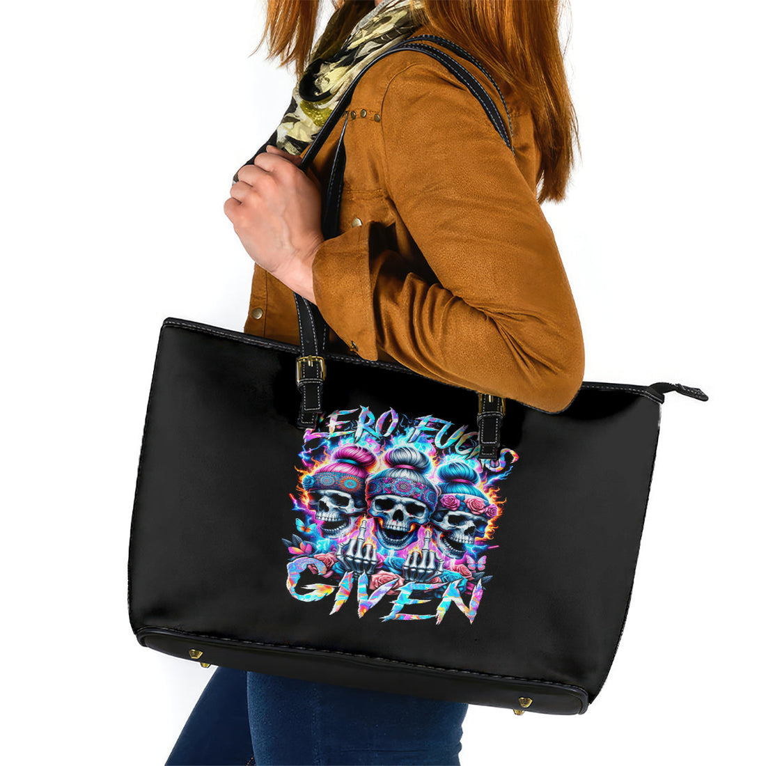Lady Skull Leather Tote Bag Zero Fucks Given DT01
