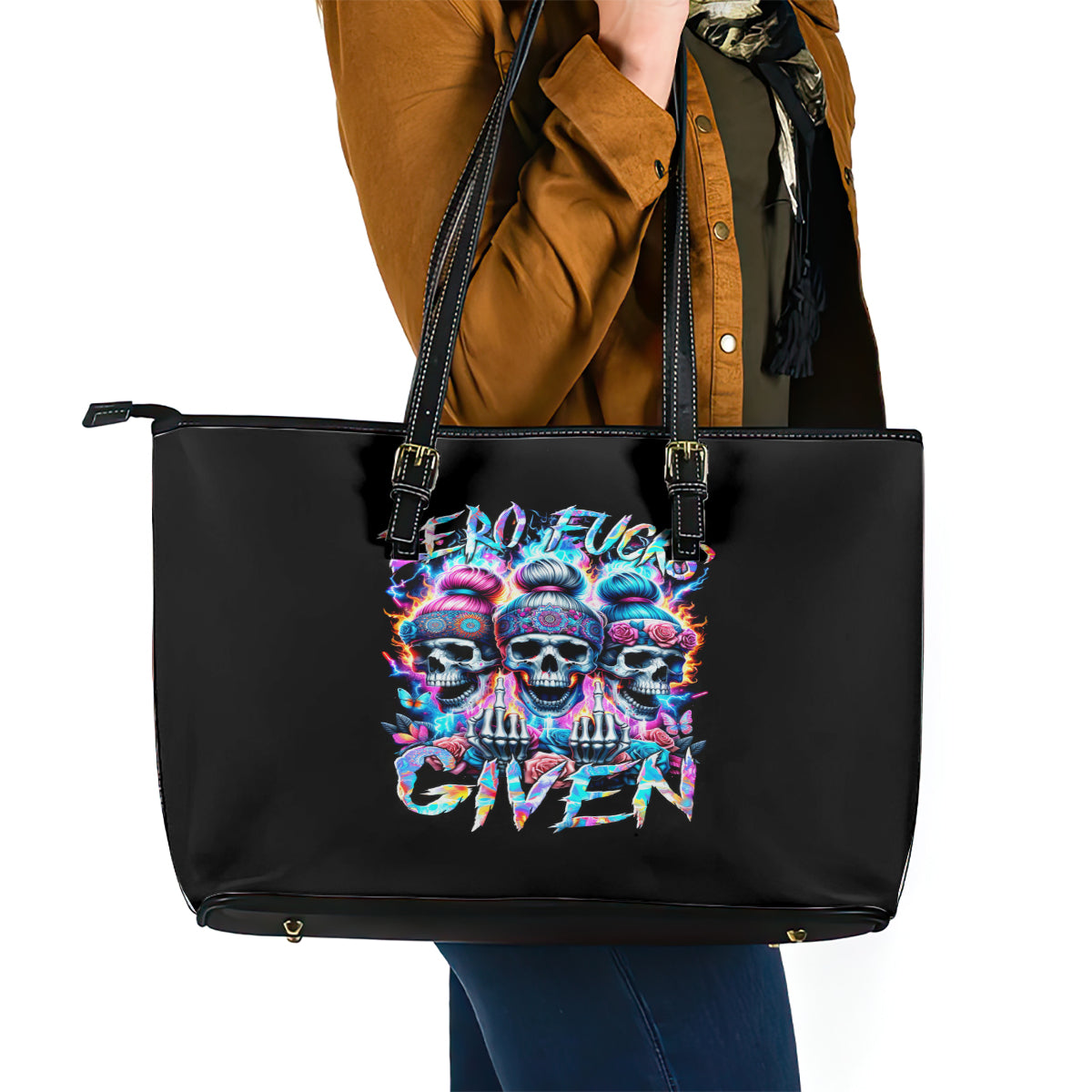 Lady Skull Leather Tote Bag Zero Fucks Given DT01