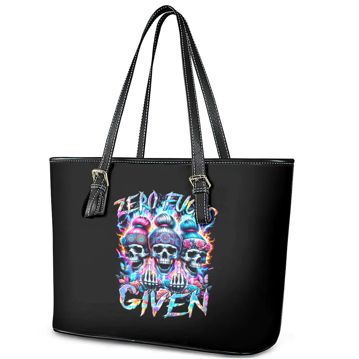 Lady Skull Leather Tote Bag Zero Fucks Given DT01