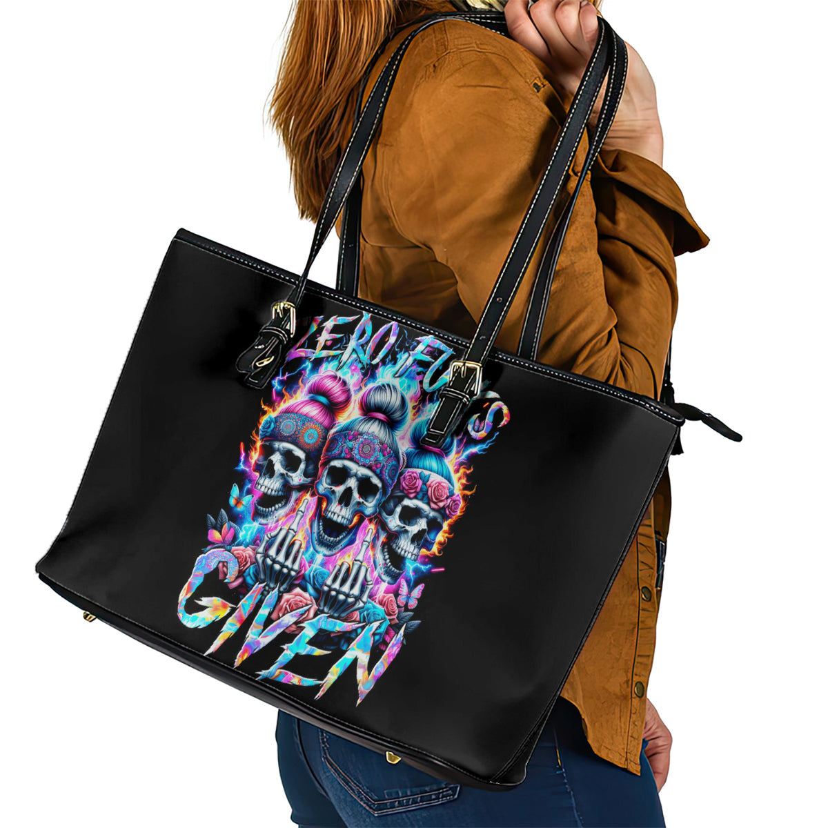 Lady Skull Leather Tote Bag Zero Fucks Given DT01