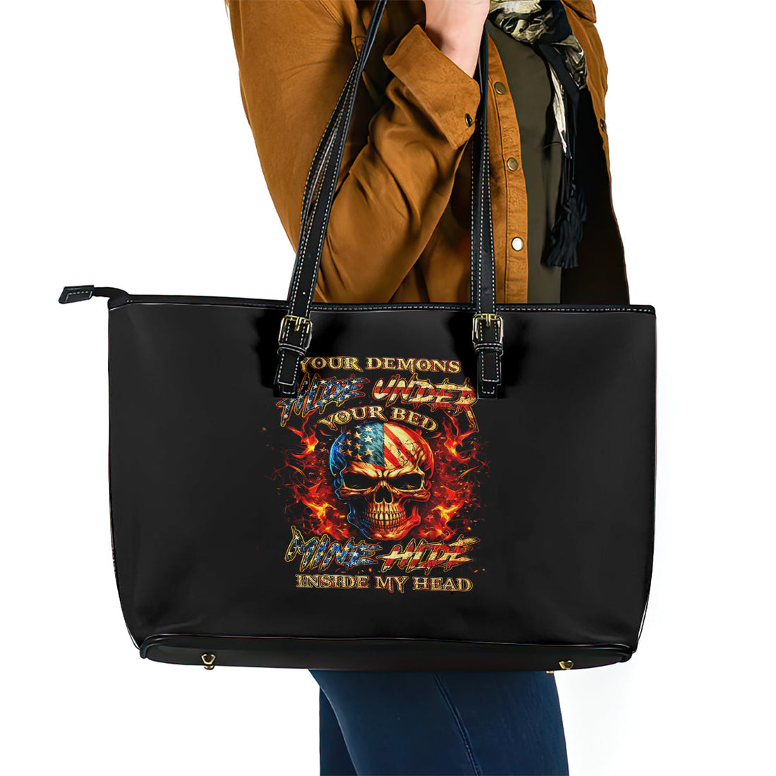 Fire Skull Leather Tote Bag My Demon Hide Inside My Head DT01