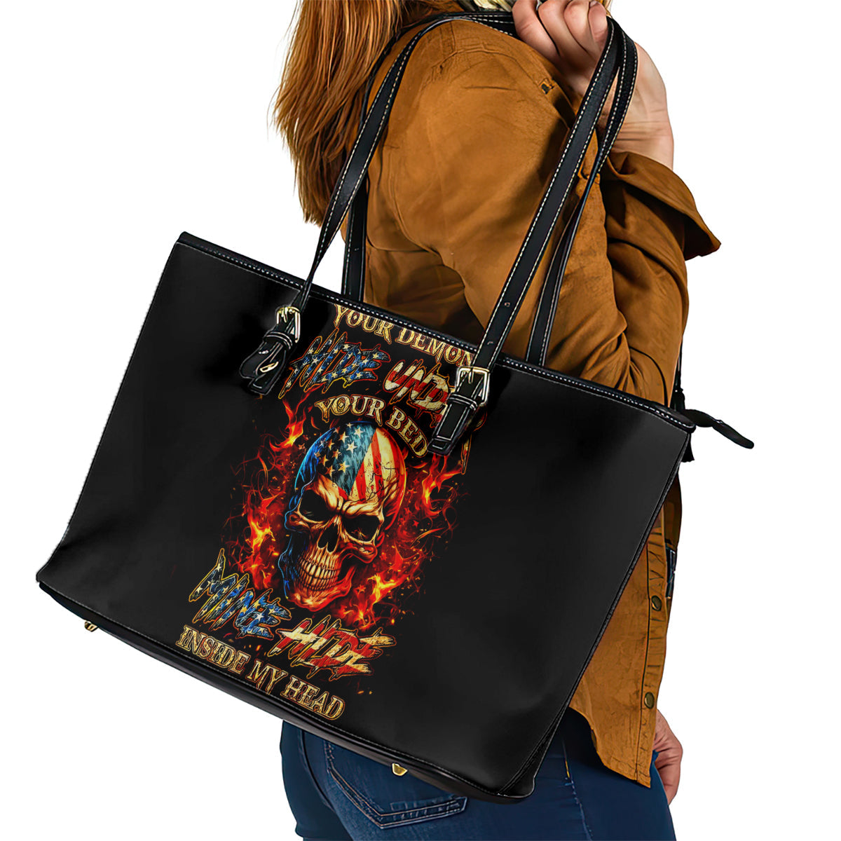 Fire Skull Leather Tote Bag My Demon Hide Inside My Head DT01