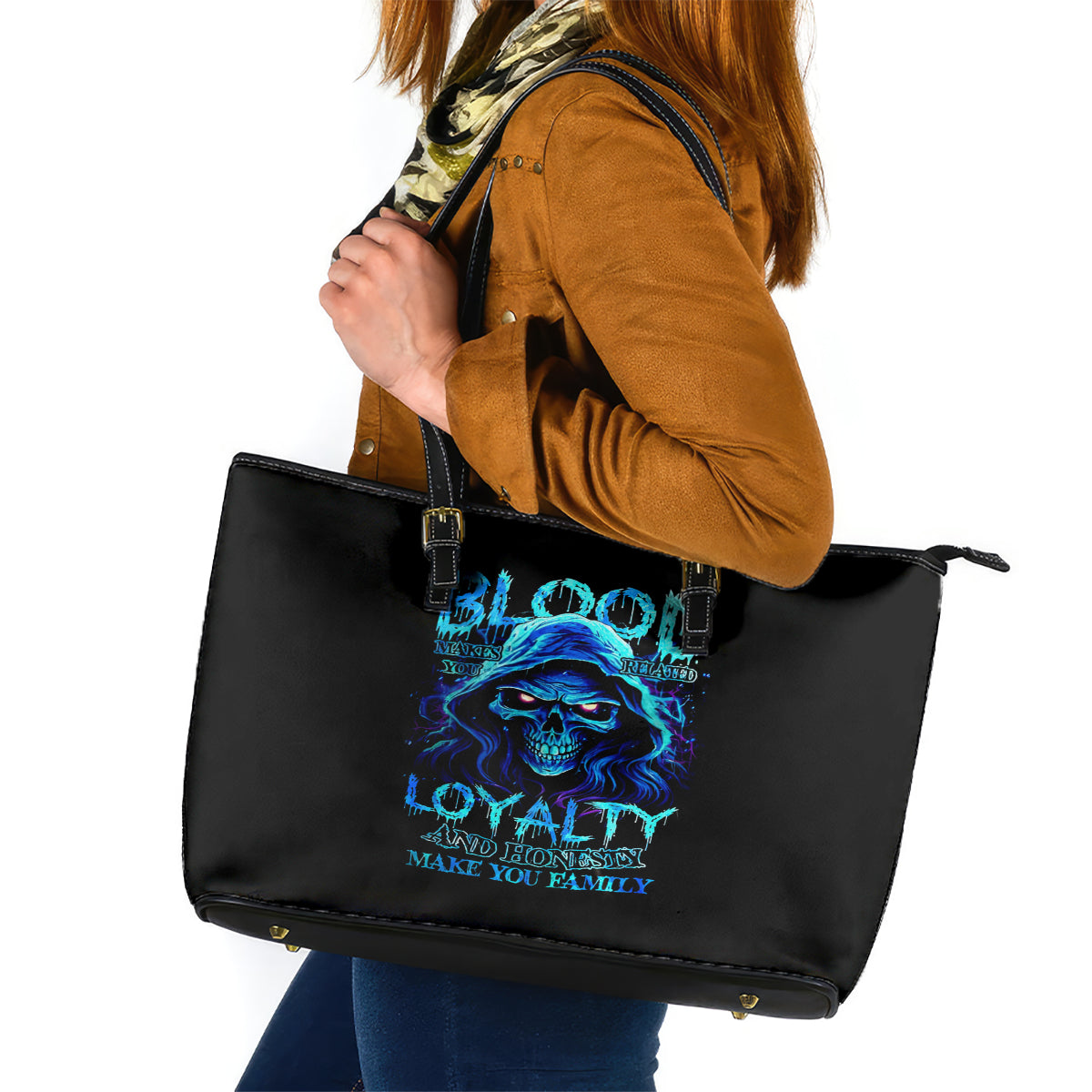 Blue Flame Skull Leather Tote Bag Blood Make You Related DT01