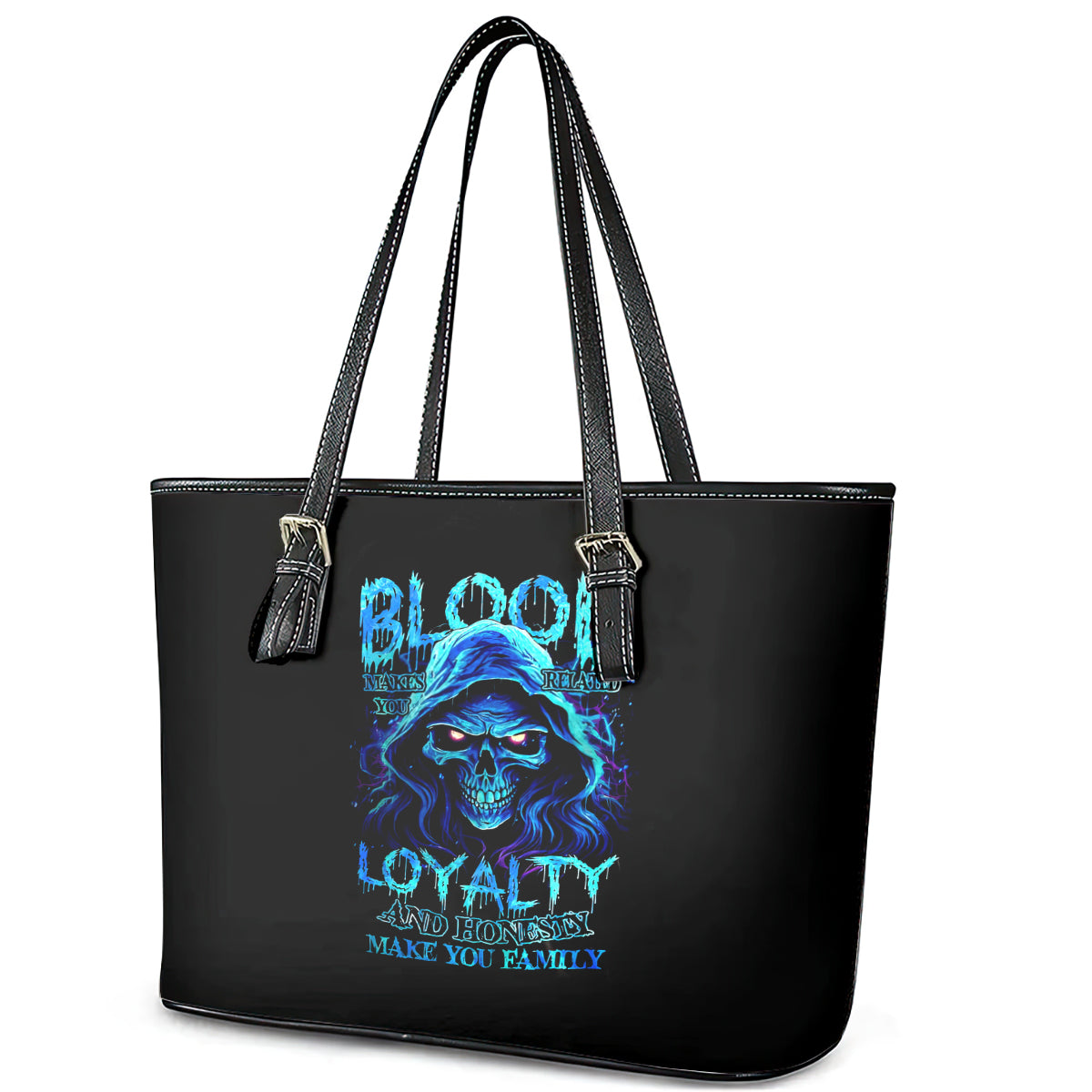 Blue Flame Skull Leather Tote Bag Blood Make You Related DT01