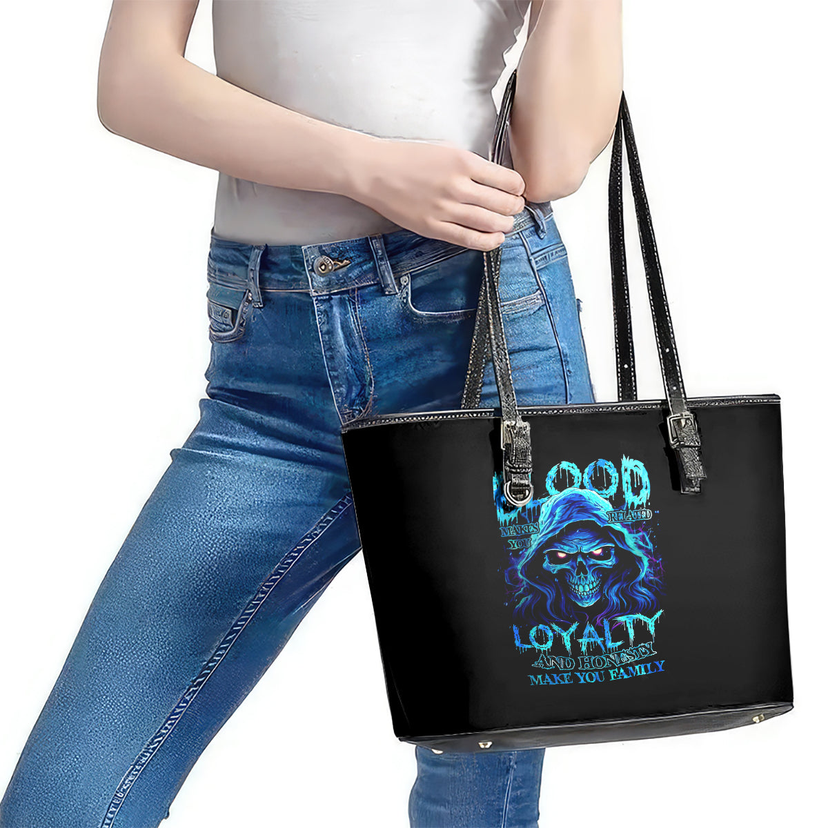 Blue Flame Skull Leather Tote Bag Blood Make You Related DT01