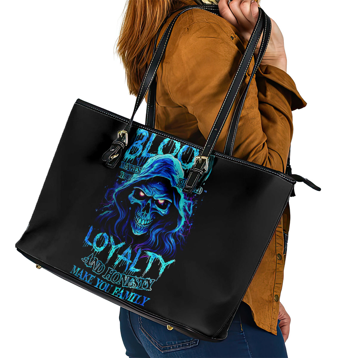 Blue Flame Skull Leather Tote Bag Blood Make You Related DT01