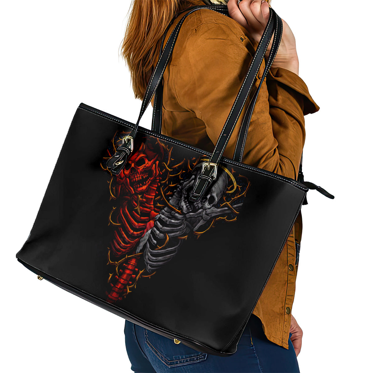 Skull Leather Tote Bag Devil And Angel Twin Skull DT01