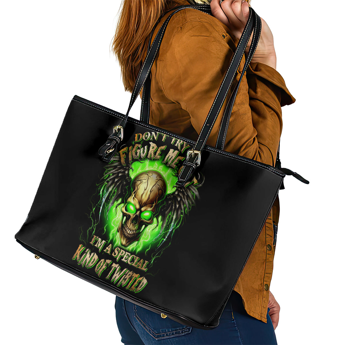 Skull Leather Tote Bag Don't Try To Figured Me Out DT01