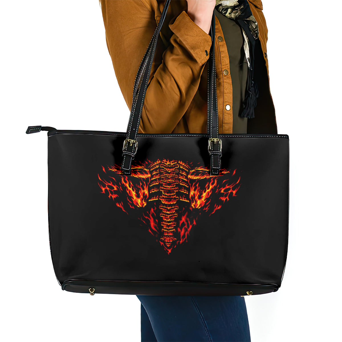 Flame Skull Leather Tote Bag SKull Face Inside Me DT01