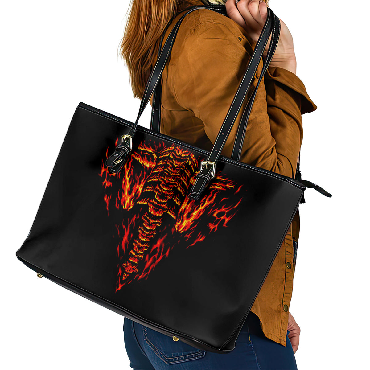 Flame Skull Leather Tote Bag SKull Face Inside Me DT01
