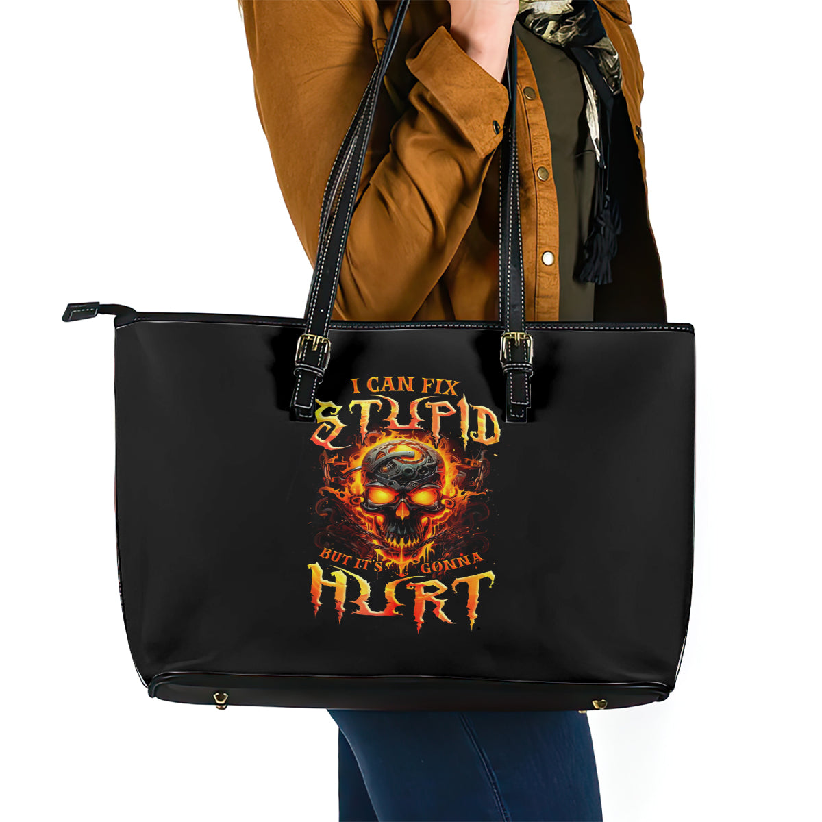 Flame Skull Leather Tote Bag I Can Fix Stupid But That Hurt DT01