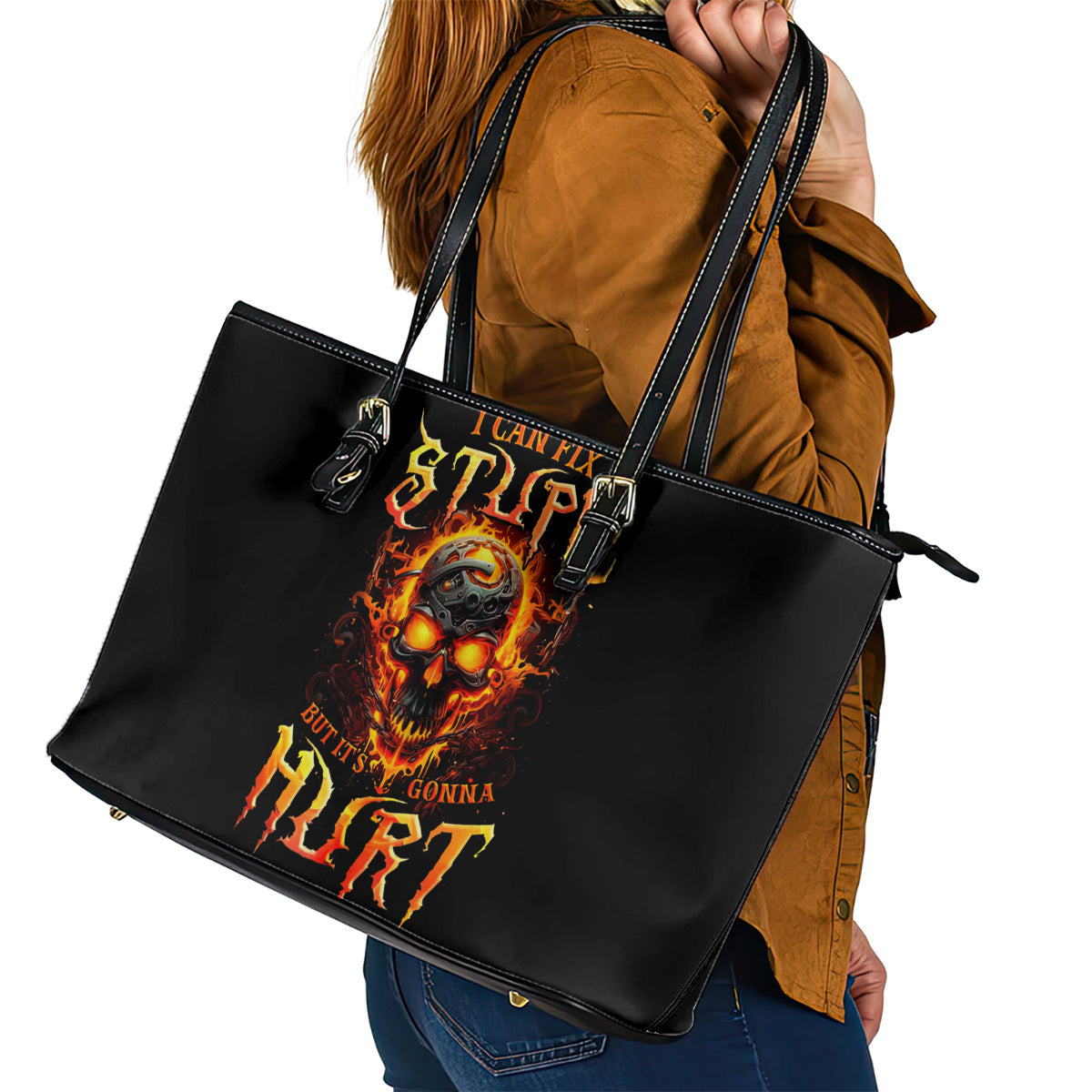 Flame Skull Leather Tote Bag I Can Fix Stupid But That Hurt DT01