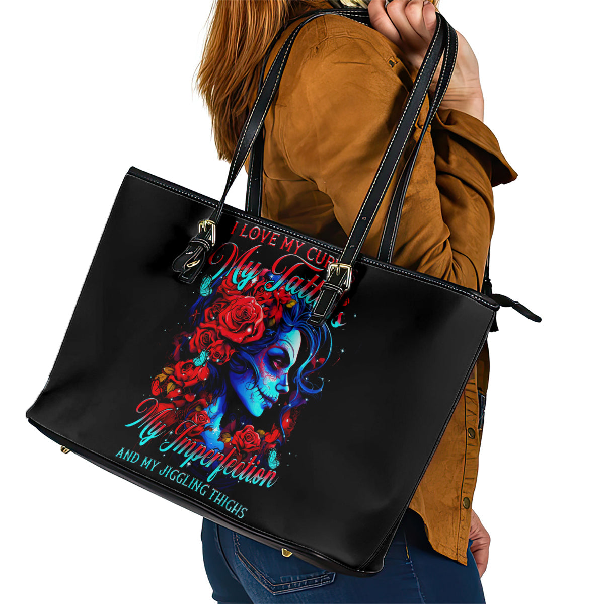 Skull Rose Leather Tote Bag I Love My Curve My Tattoo My Imperfection DT01