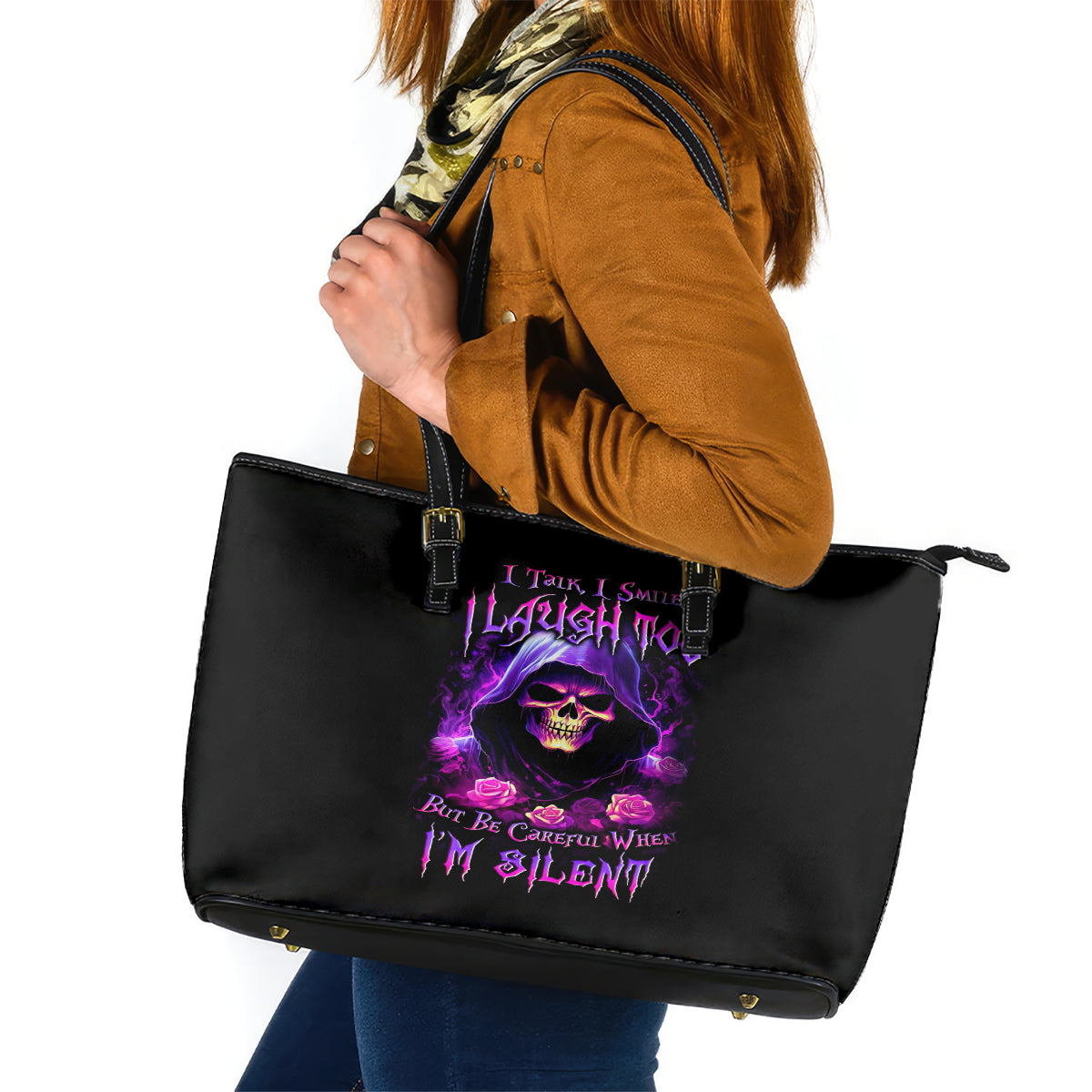 Purple Skull Leather Tote Bag I Talk I Smile But Be Carefull When I SIlent DT01
