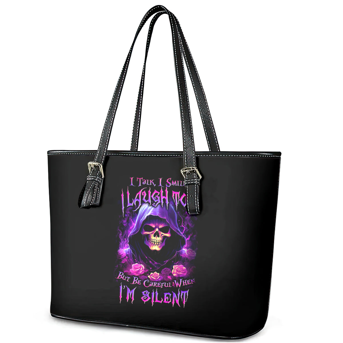 Purple Skull Leather Tote Bag I Talk I Smile But Be Carefull When I SIlent DT01