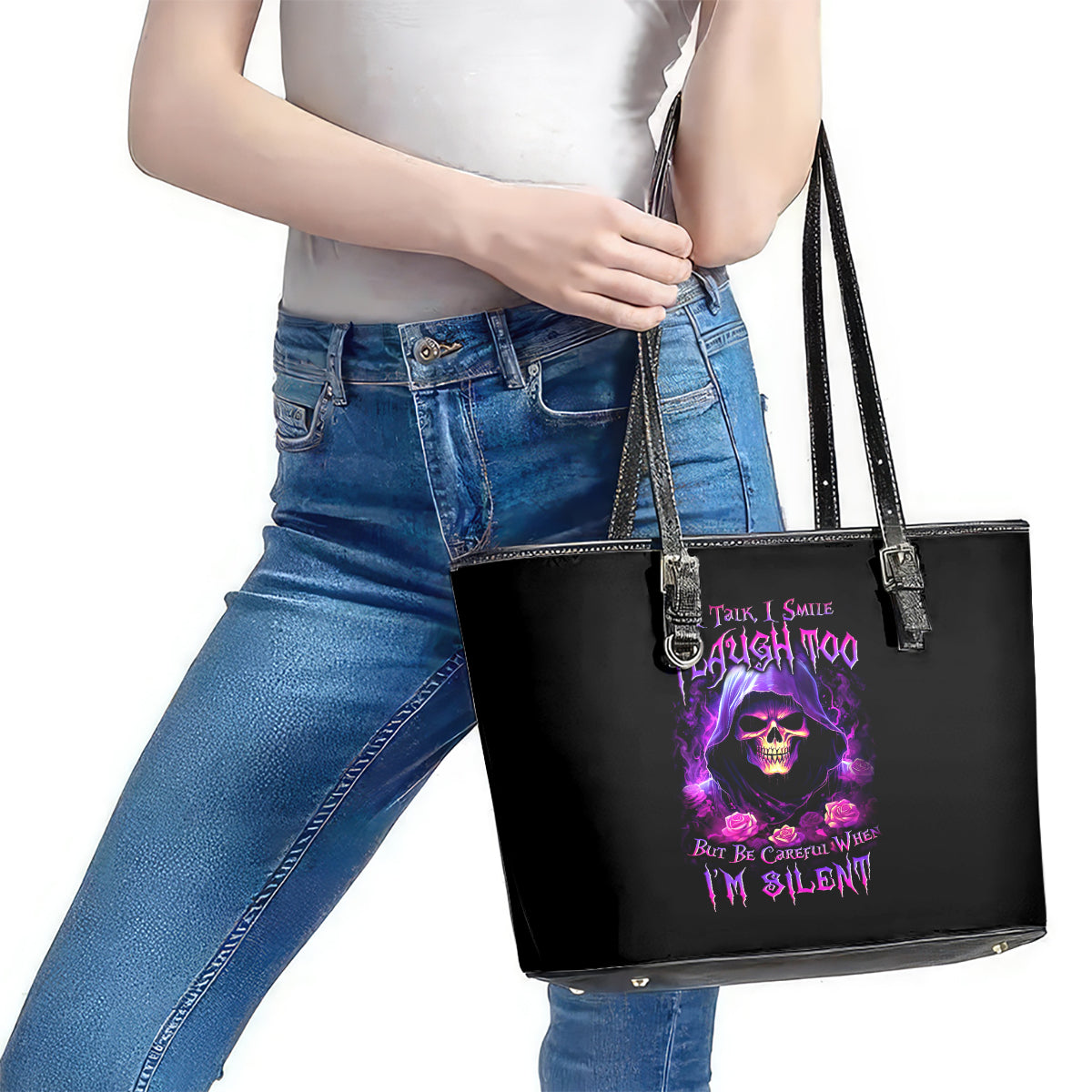 Purple Skull Leather Tote Bag I Talk I Smile But Be Carefull When I SIlent DT01