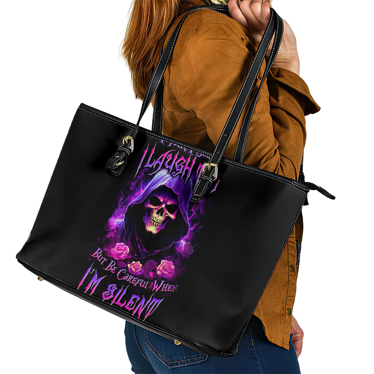 Purple Skull Leather Tote Bag I Talk I Smile But Be Carefull When I SIlent DT01