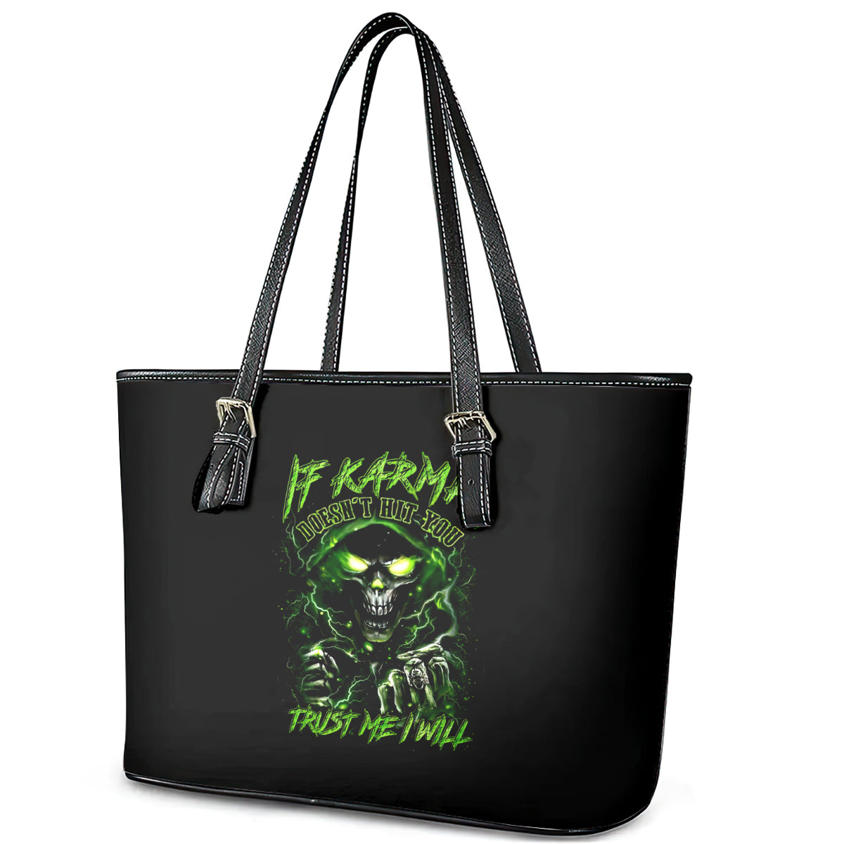 Thunder Skull Leather Tote Bag If Karma Don't Hit You Trust Me I Will DT01