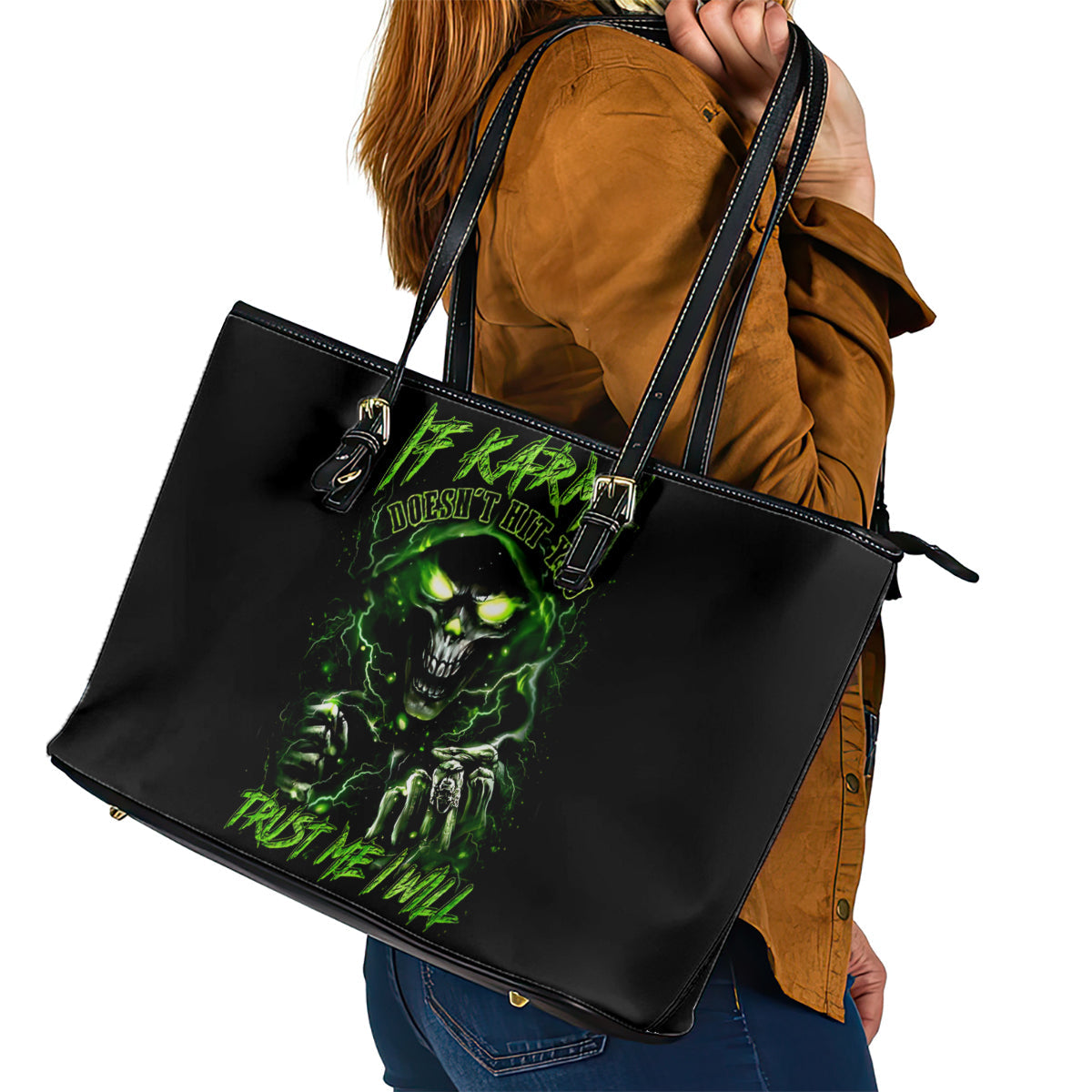 Thunder Skull Leather Tote Bag If Karma Don't Hit You Trust Me I Will DT01