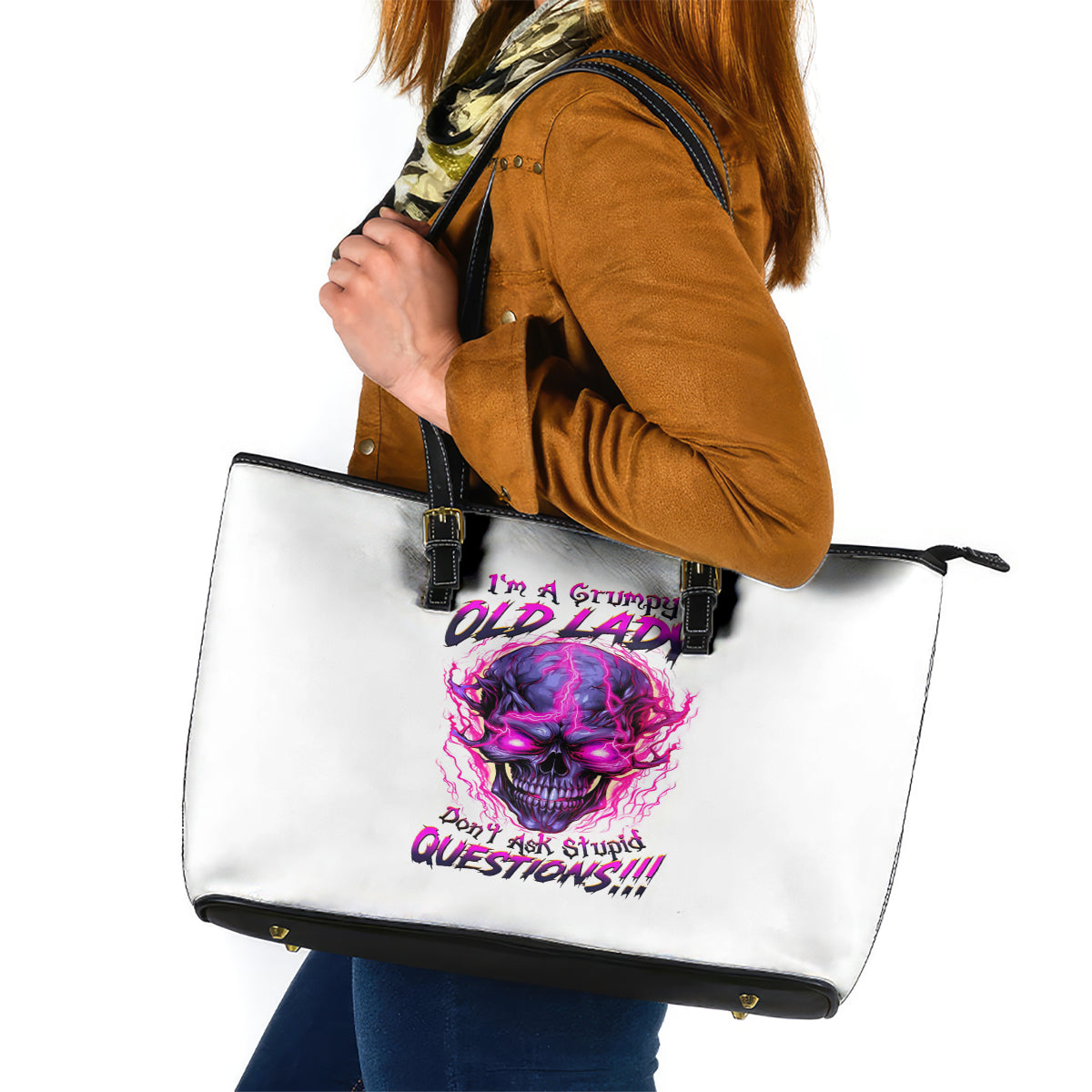 Lighting Skull Leather Tote Bag i'm A Grumpy Old Lady Don't Ask Stupid DT01