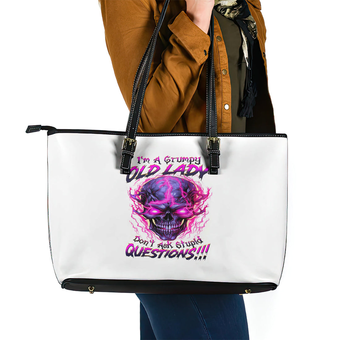 Lighting Skull Leather Tote Bag i'm A Grumpy Old Lady Don't Ask Stupid DT01