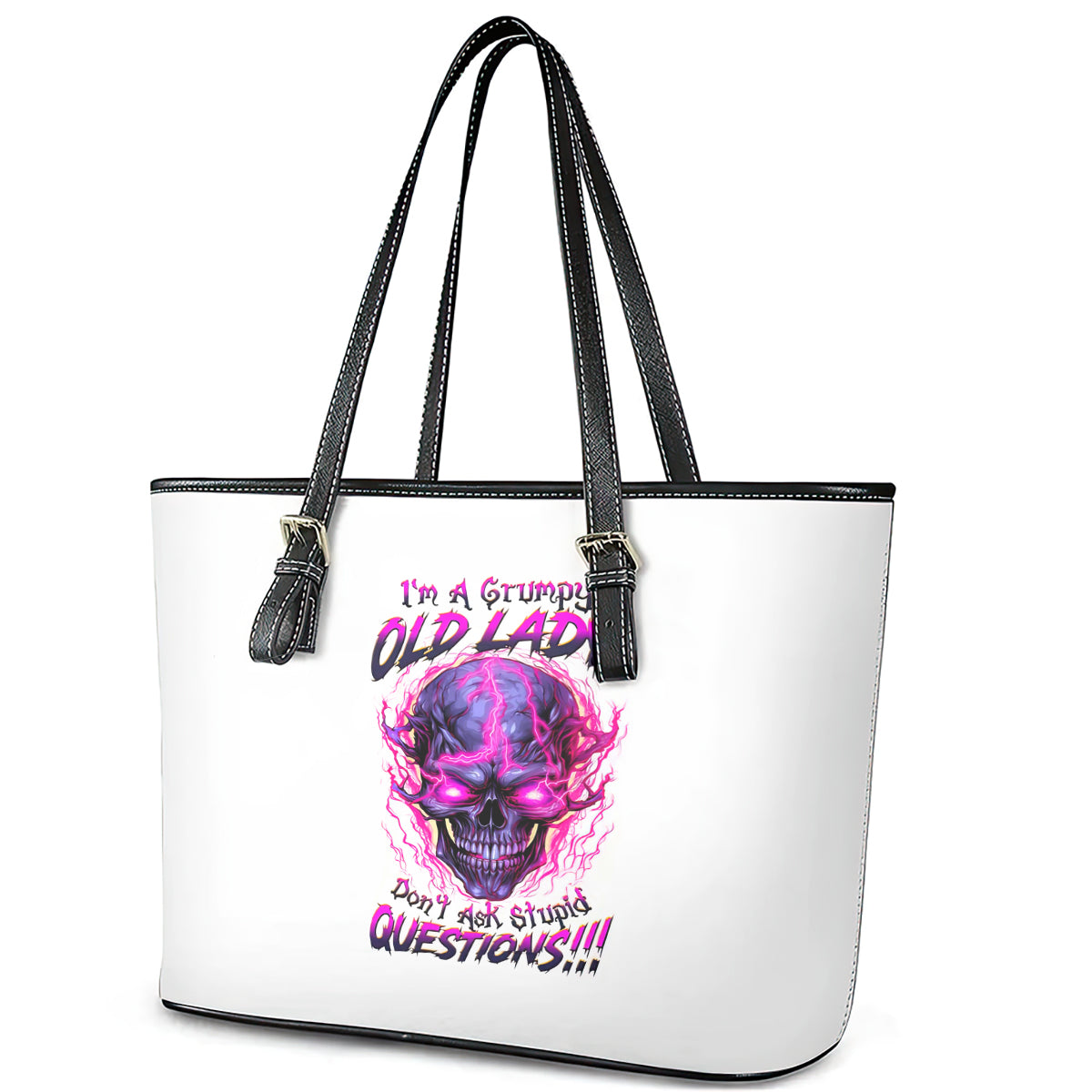 Lighting Skull Leather Tote Bag i'm A Grumpy Old Lady Don't Ask Stupid DT01