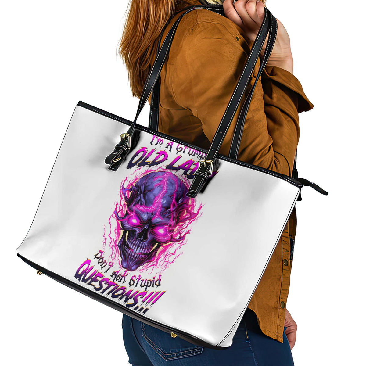 Lighting Skull Leather Tote Bag i'm A Grumpy Old Lady Don't Ask Stupid DT01