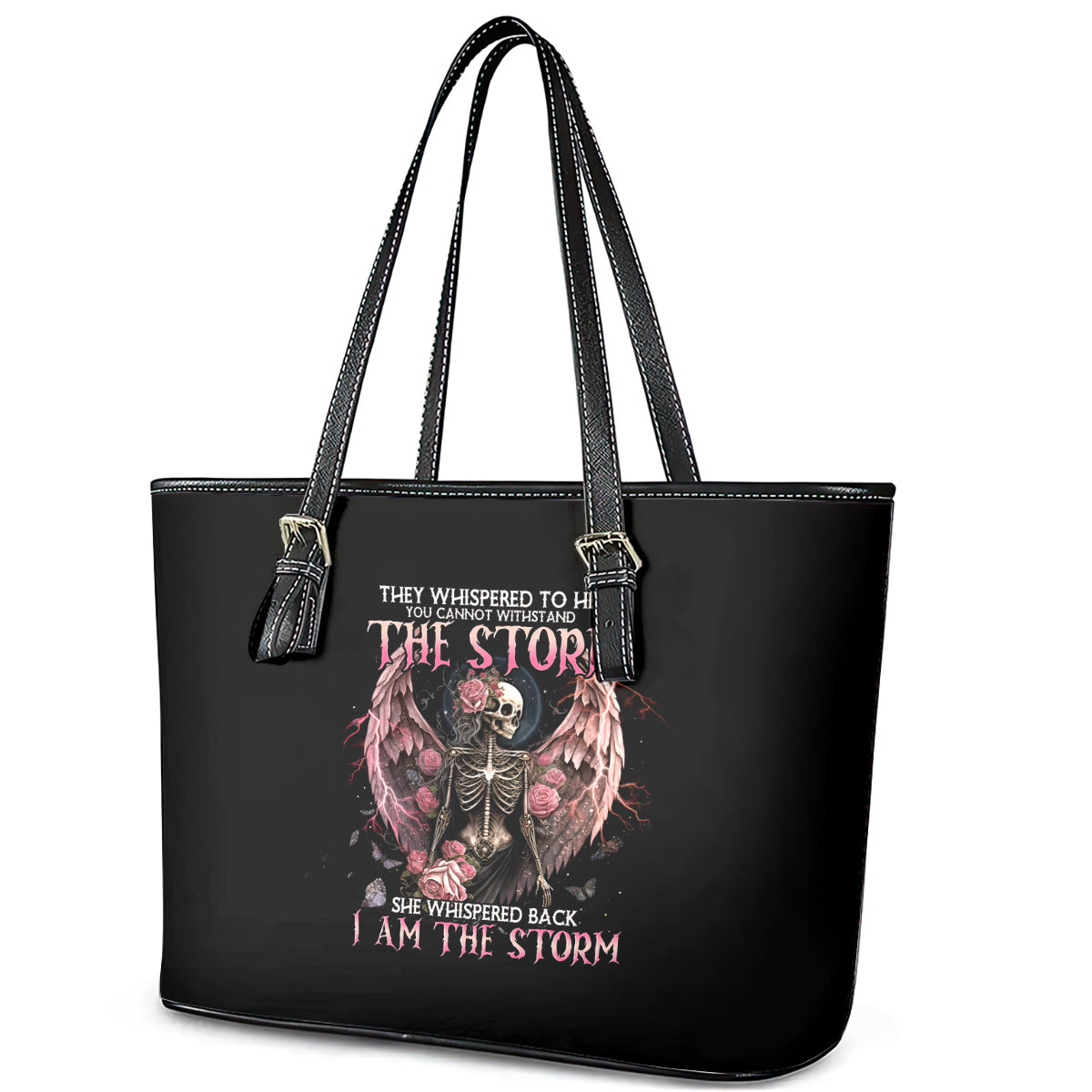 Angel Skull Leather Tote Bag She Whispered Back Iam The Storm DT01