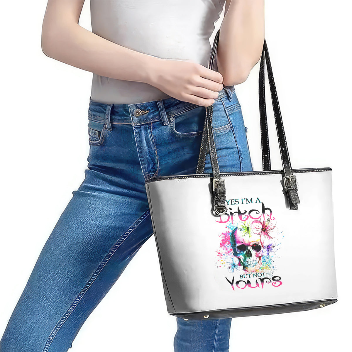 Watercolor Skull Leather Tote Bag Yes I'm Bitch But Not Your DT01