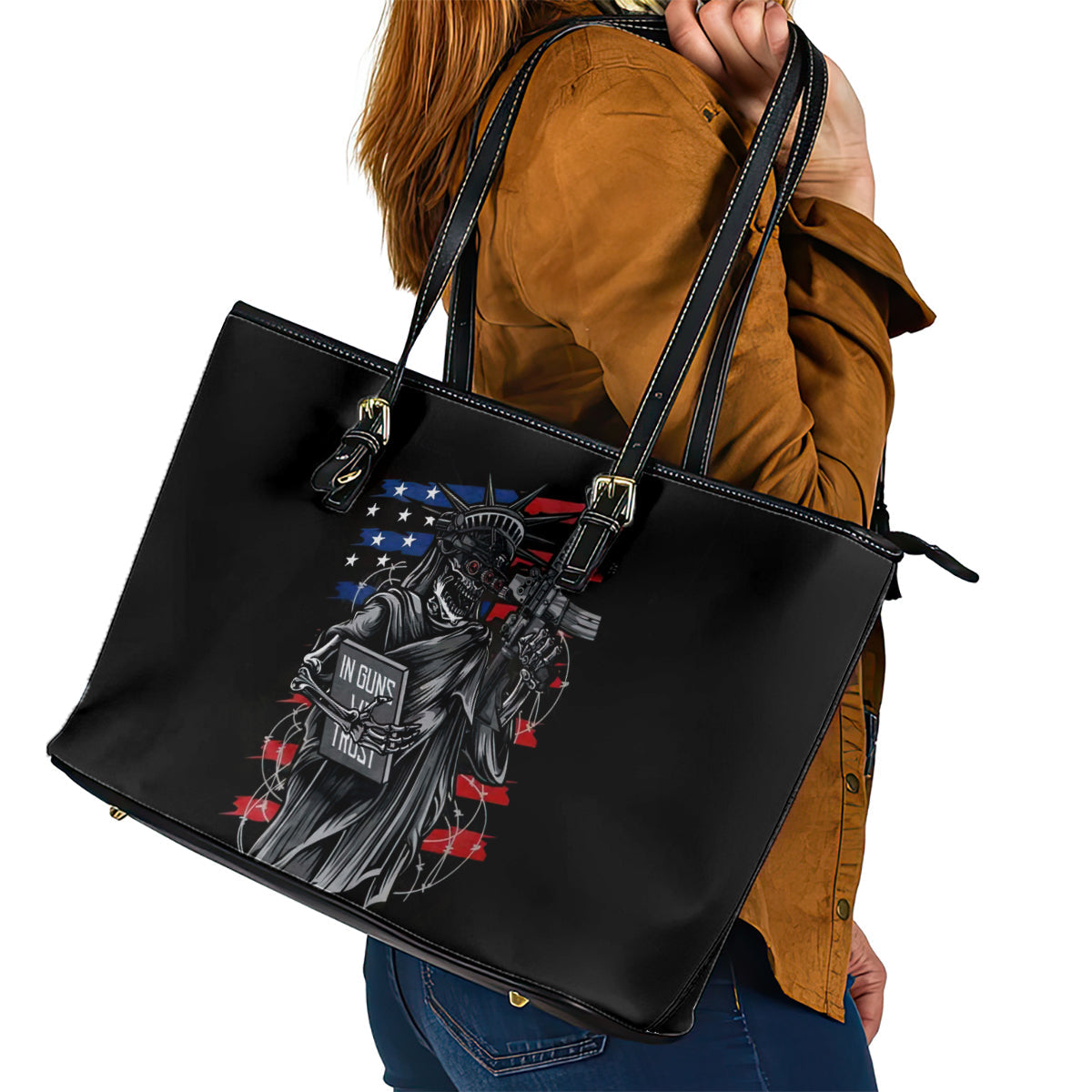 American Skull Leather Tote Bag In Gun We Trust DT01