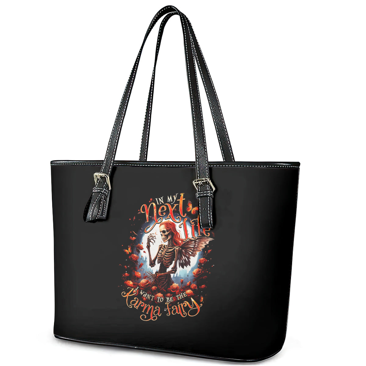 Fairy Skull Leather Tote Bag In Next Life I Want To Be The Karma Fairy DT01
