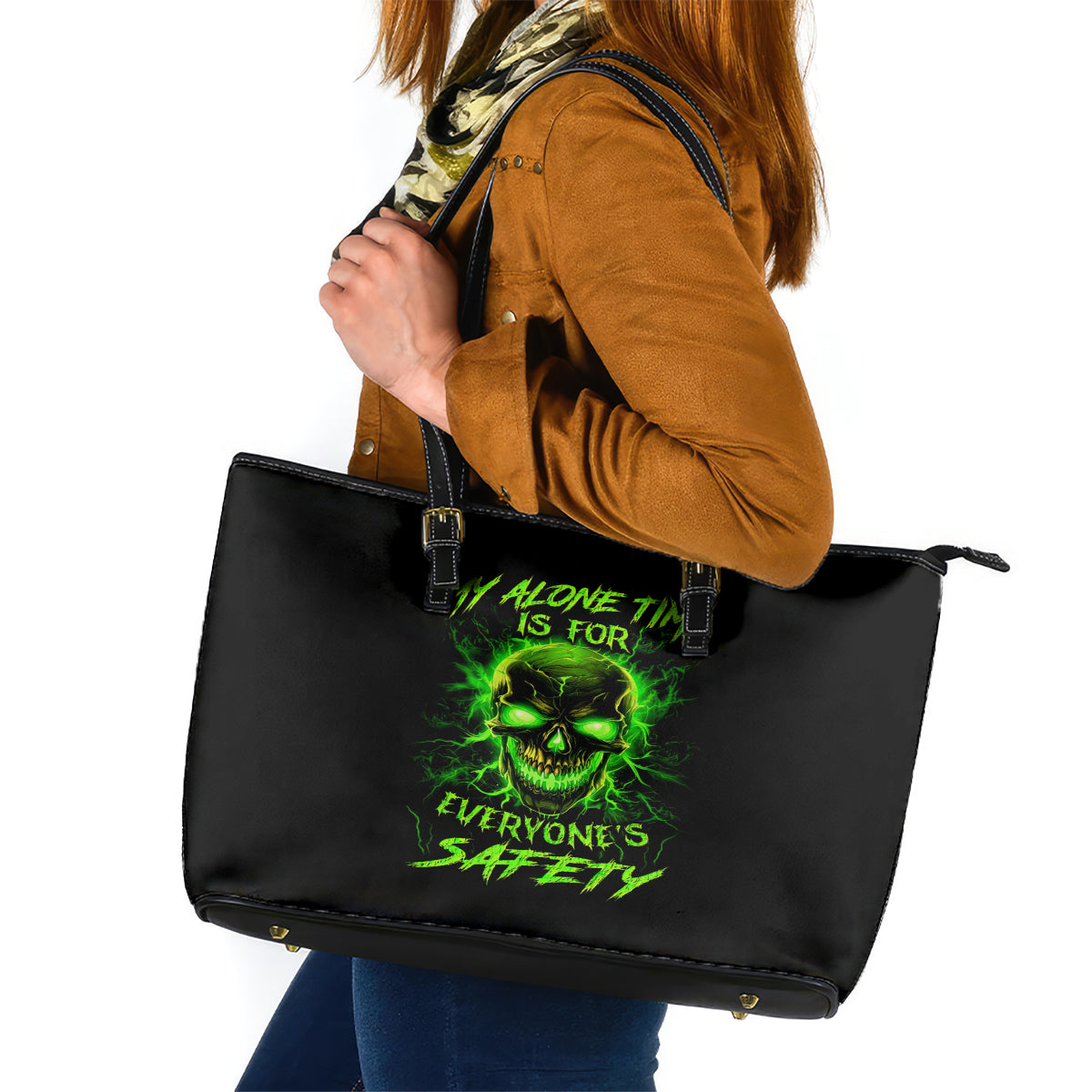 Flame Skull Leather Tote Bag My Alone TIme Is For Everyone Safe DT01