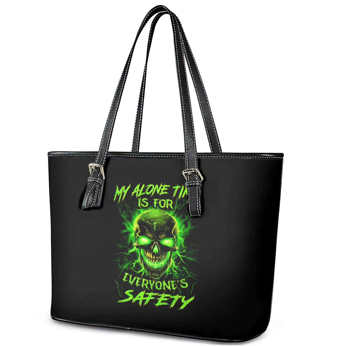 Flame Skull Leather Tote Bag My Alone TIme Is For Everyone Safe DT01