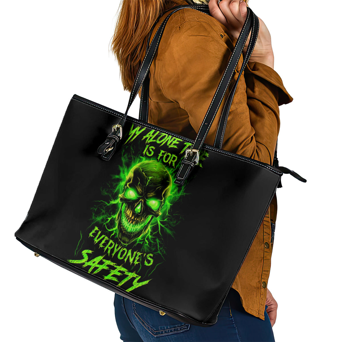 Flame Skull Leather Tote Bag My Alone TIme Is For Everyone Safe DT01