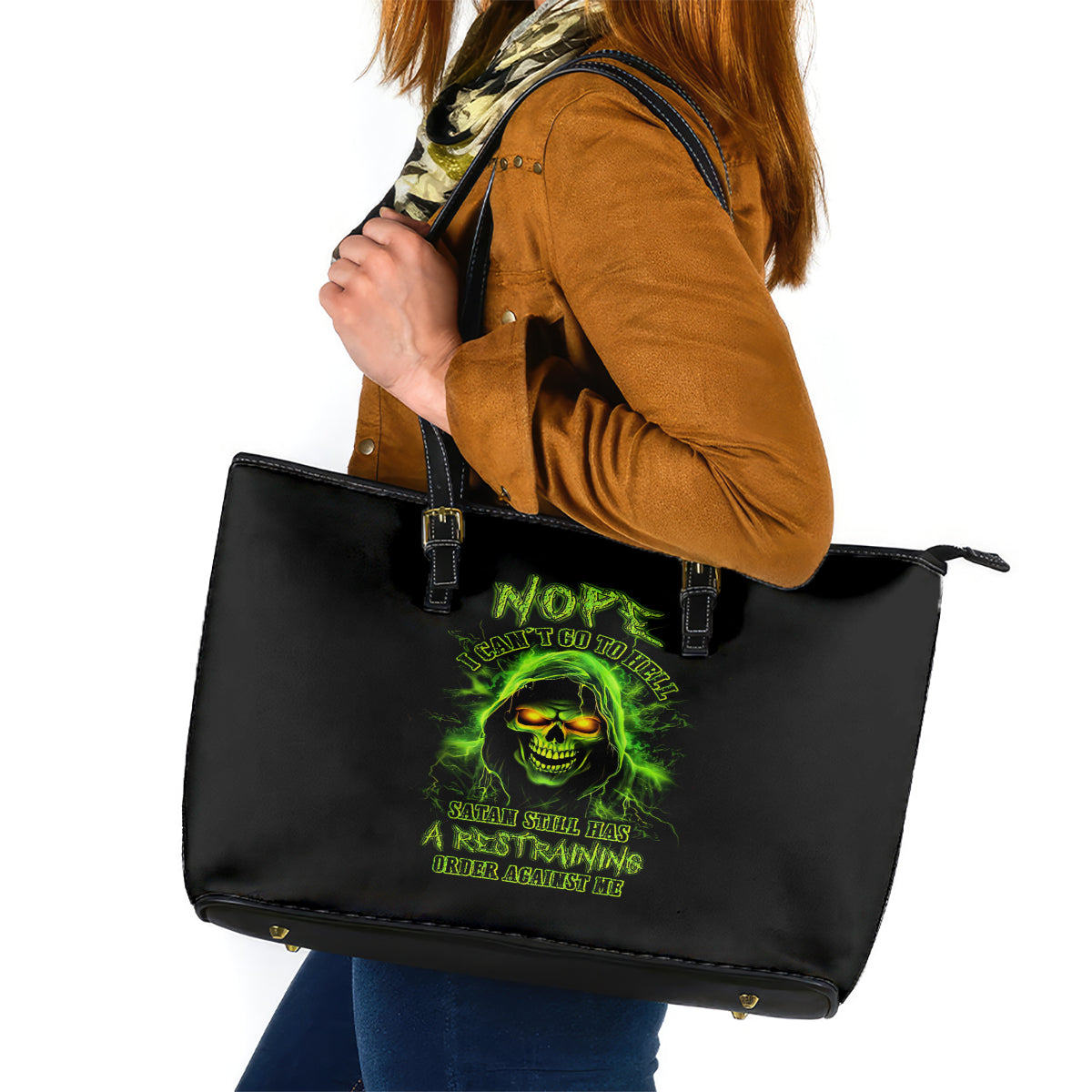 Thunder Skull Leather Tote Bag Satan Still Has A Restrainning Order Against Me DT01
