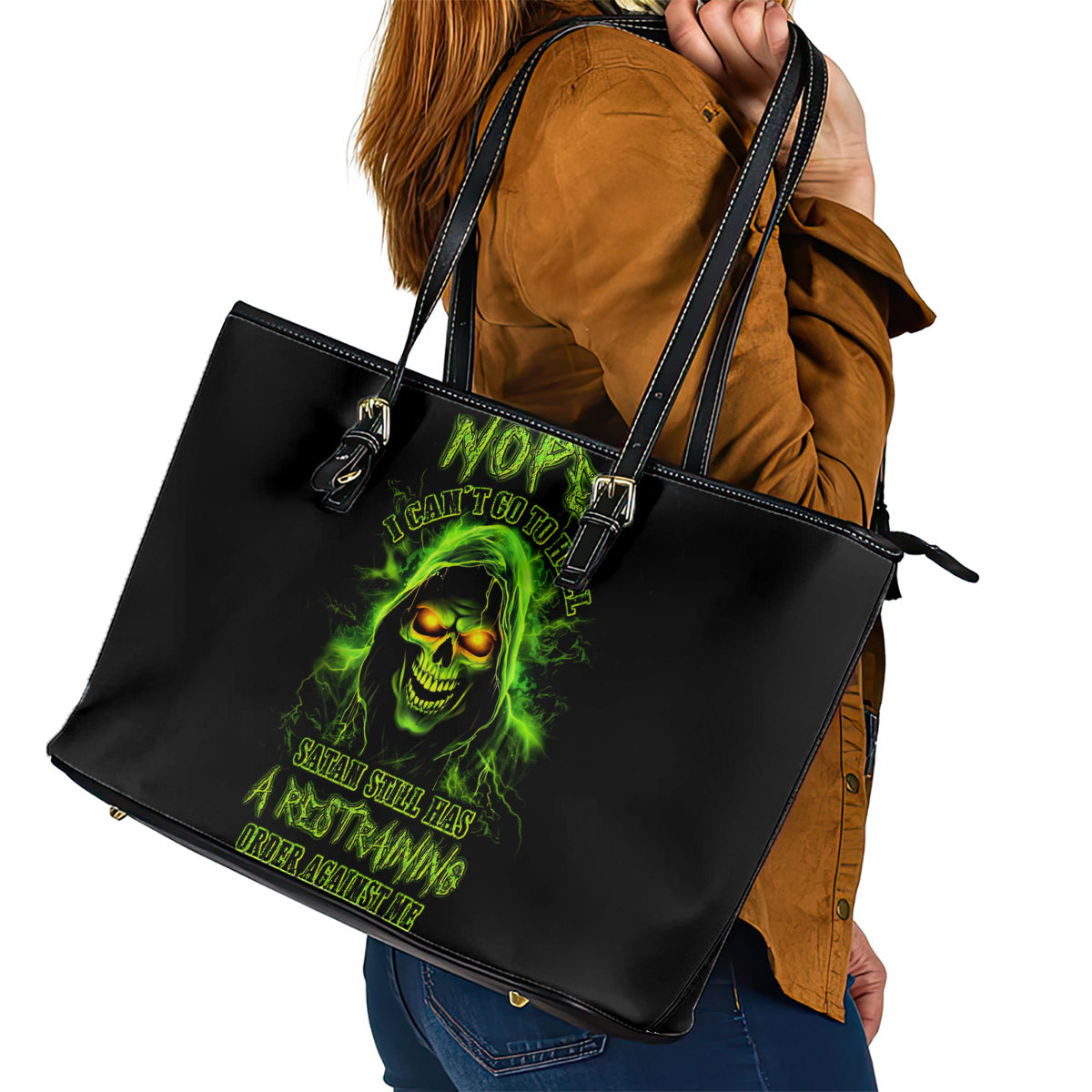 Thunder Skull Leather Tote Bag Satan Still Has A Restrainning Order Against Me DT01