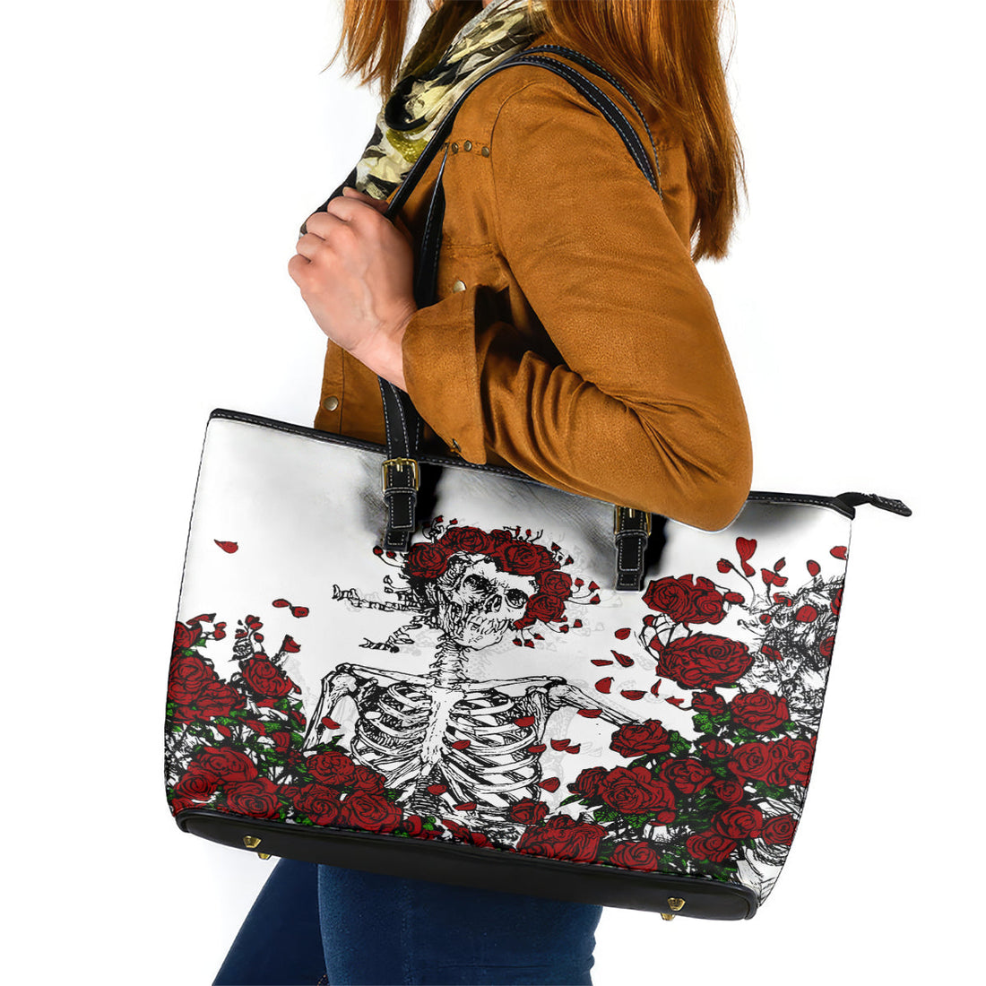 Rose Skull Leather Tote Bag Rose Skull Day Of The Dead DT01