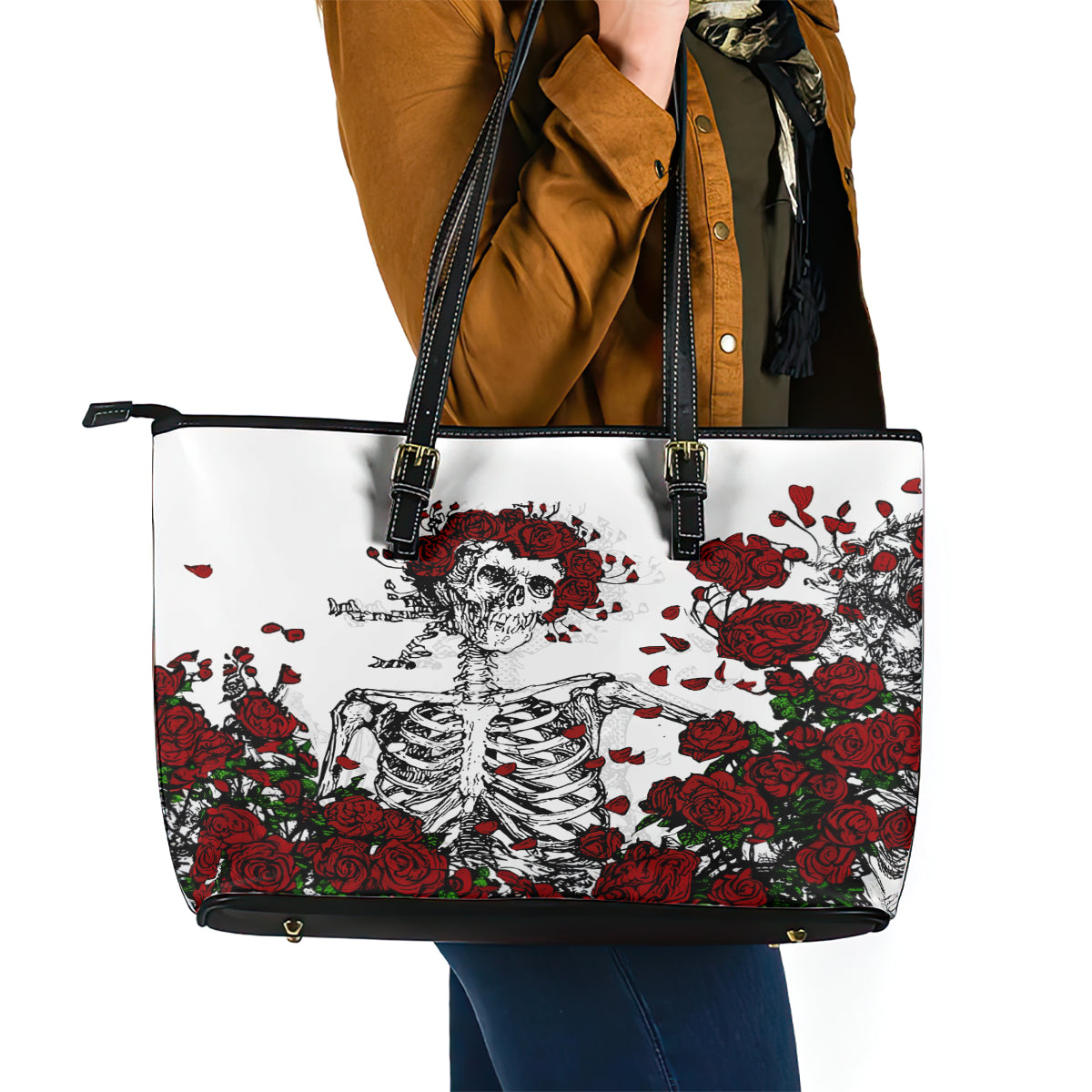 Rose Skull Leather Tote Bag Rose Skull Day Of The Dead DT01
