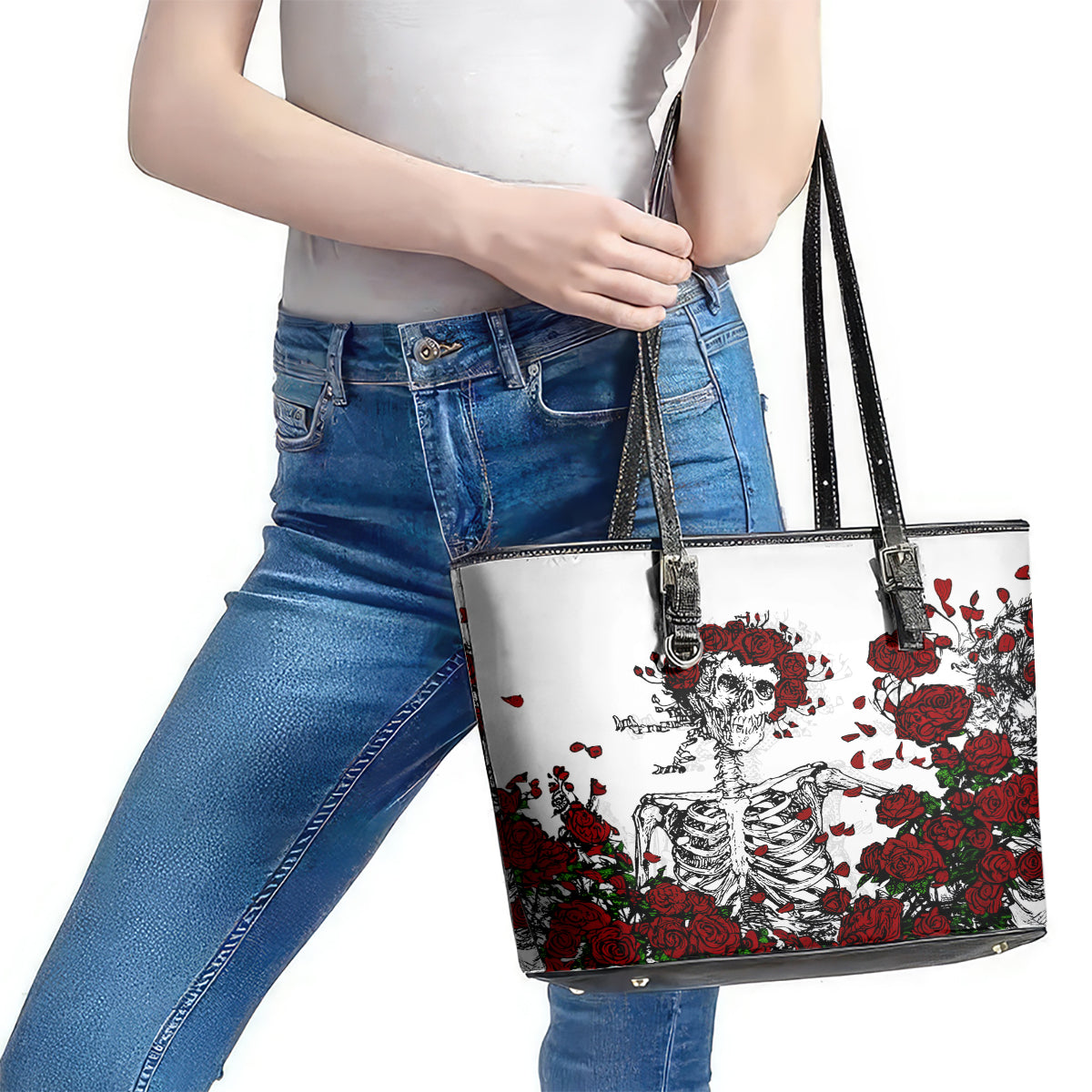 Rose Skull Leather Tote Bag Rose Skull Day Of The Dead DT01