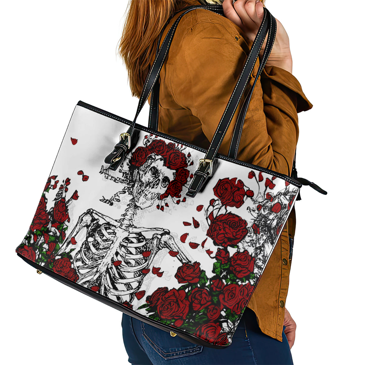 Rose Skull Leather Tote Bag Rose Skull Day Of The Dead DT01