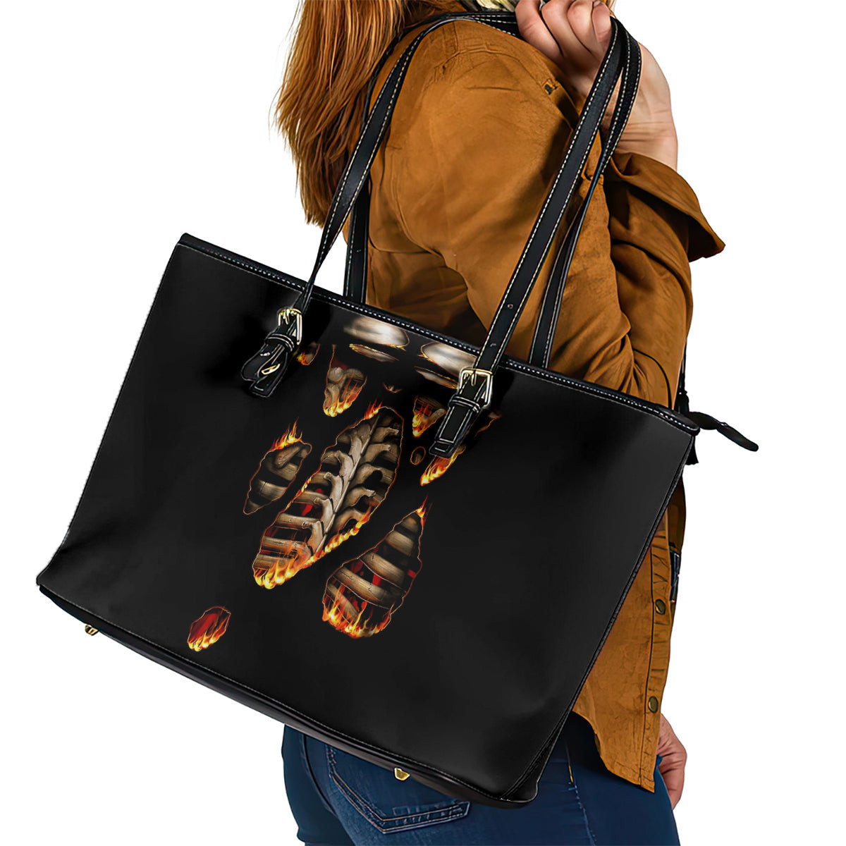 Flame Skull Leather Tote Bag Flame Skeleton Inside My Body DT01