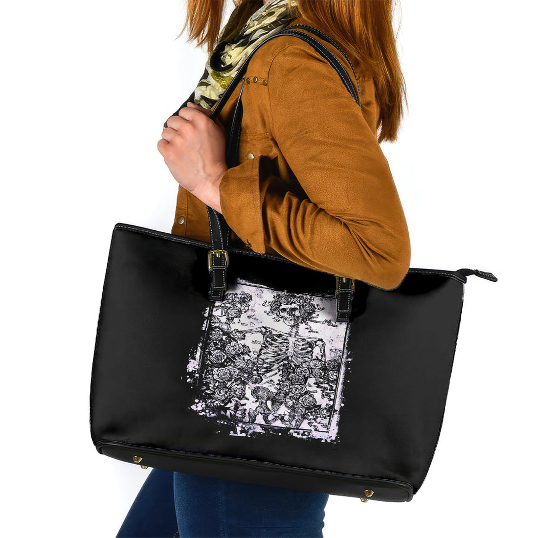 Rose Skull Leather Tote Bag White Rose Skull Day Of The Dead DT01