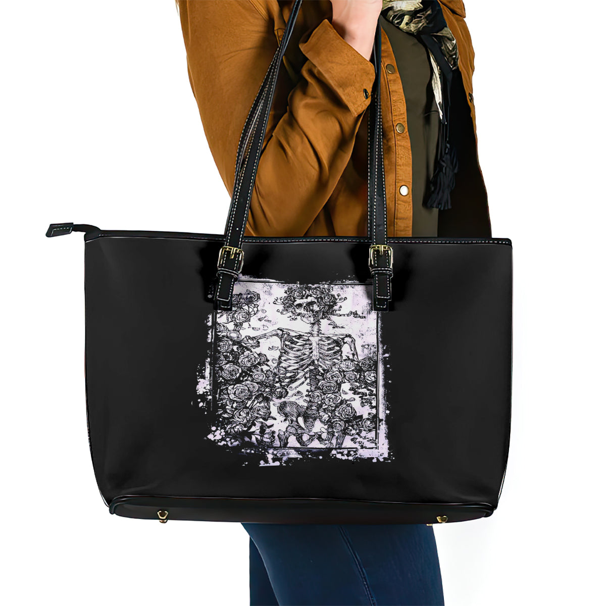 Rose Skull Leather Tote Bag White Rose Skull Day Of The Dead DT01