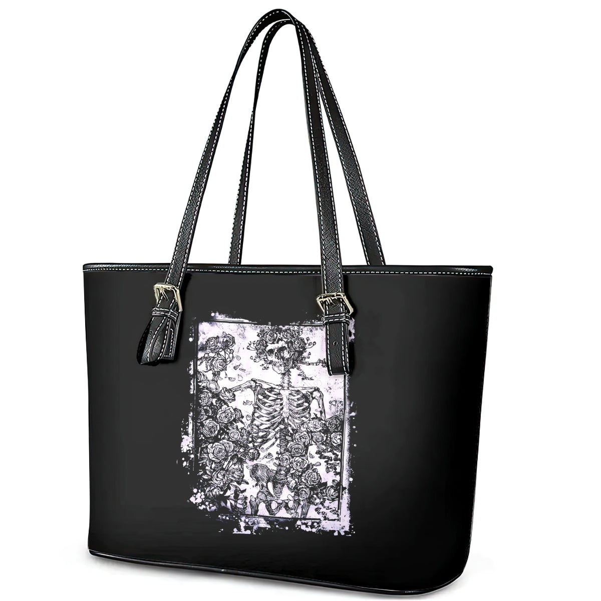 Rose Skull Leather Tote Bag White Rose Skull Day Of The Dead DT01