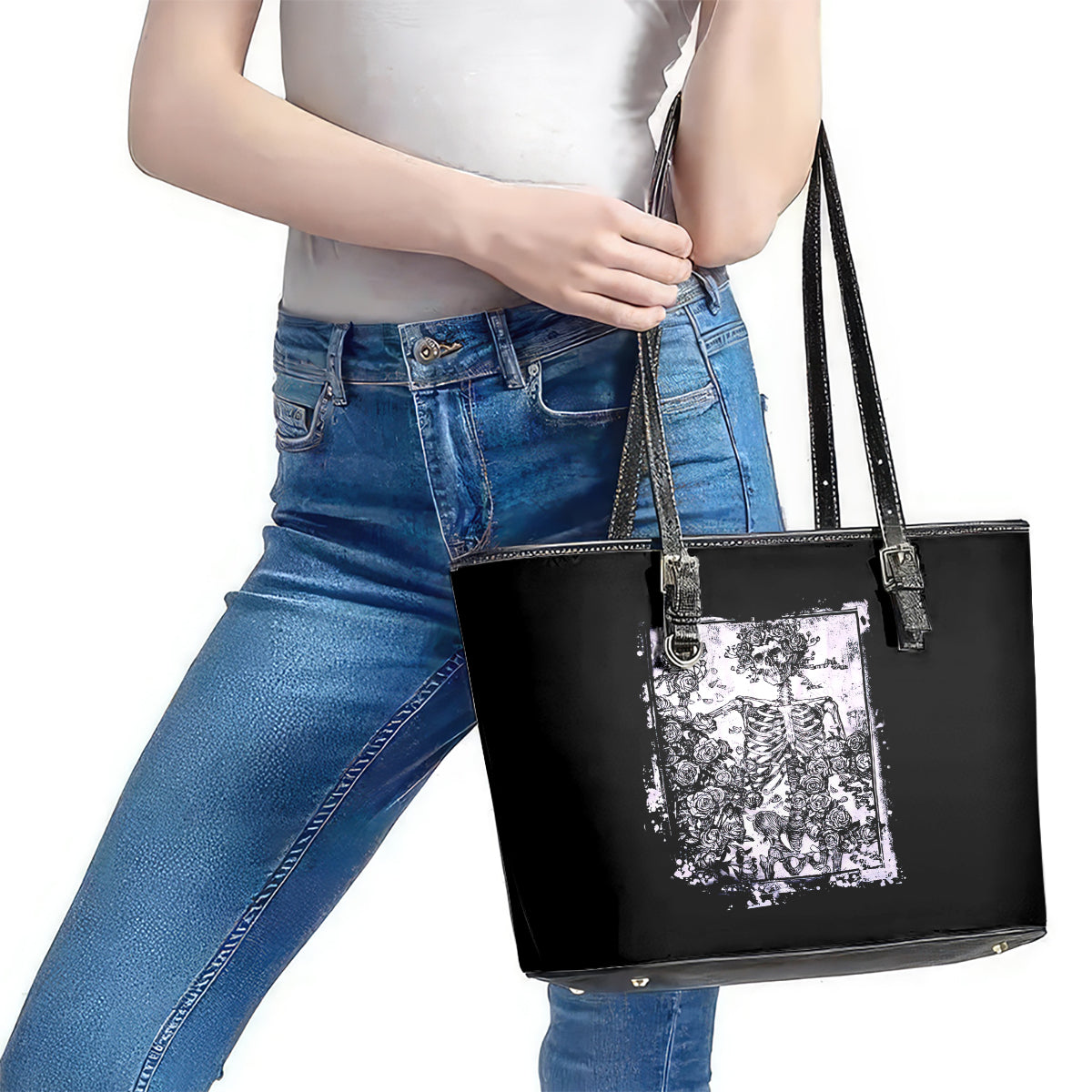 Rose Skull Leather Tote Bag White Rose Skull Day Of The Dead DT01