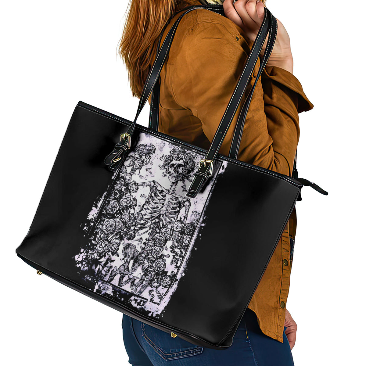 Rose Skull Leather Tote Bag White Rose Skull Day Of The Dead DT01