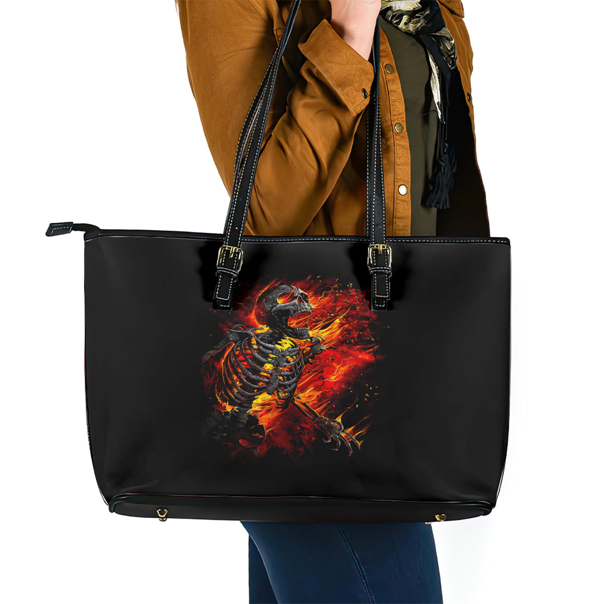 Fire Skull Leather Tote Bag Dead Fire Skeleton Scream DT01